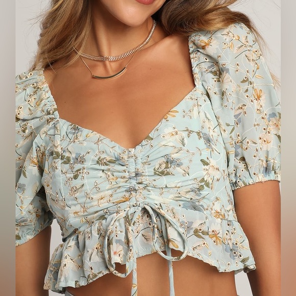 Lulus Tops - Lulus Flowering Feelings Light Blue Floral Ruched Puff Sleeve Crop Top